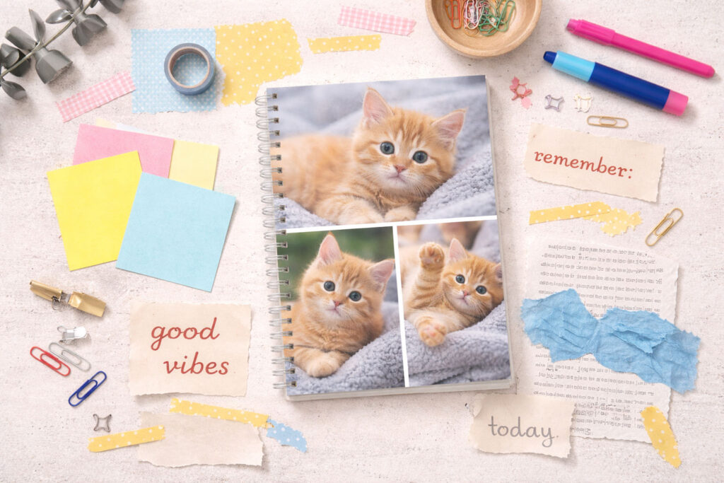 agenda settimanale con grafica collage con foto gatto