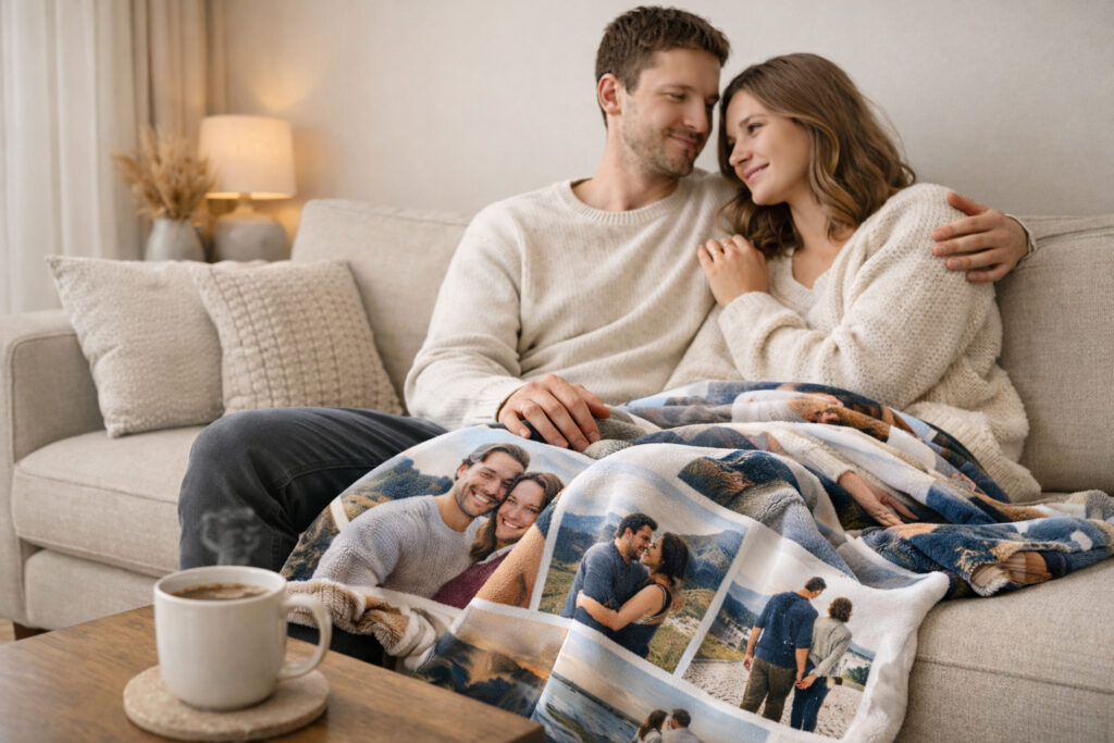 Coperta personalizzata con foto: idea regalo San Valentino 2026 per momenti sul divano.