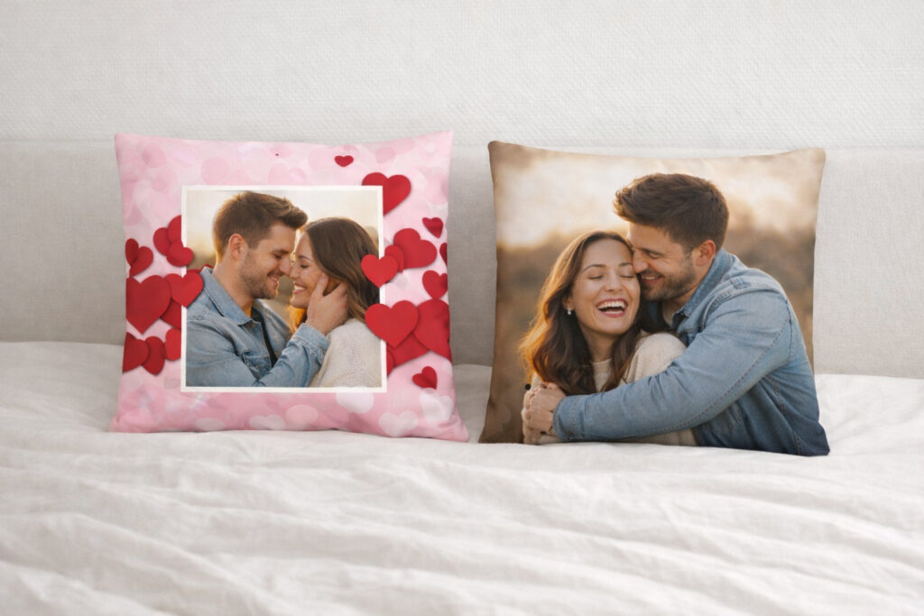 Cuscino personalizzato con foto in camera da letto: idea regalo di San Valentino.