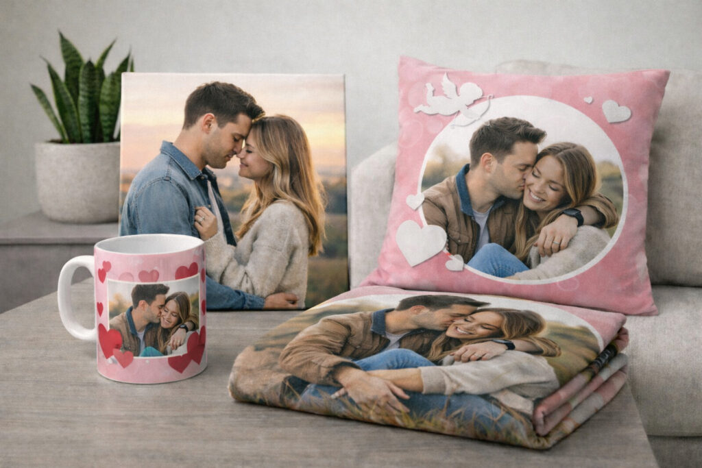 Regali di San Valentino personalizzati con foto: tela, tazza, cuscino e coperta in un ambiente luminoso.