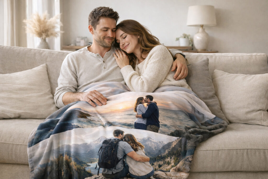 Coperta personalizzata con foto per San Valentino: idea regalo cozy e romantica.