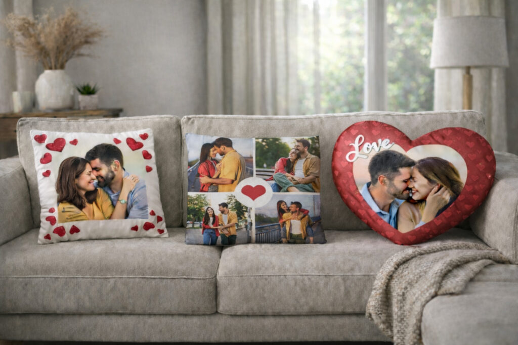 Modelli di cuscini personalizzati per San Valentino: classico, grafica, collage e stampa fotografica.