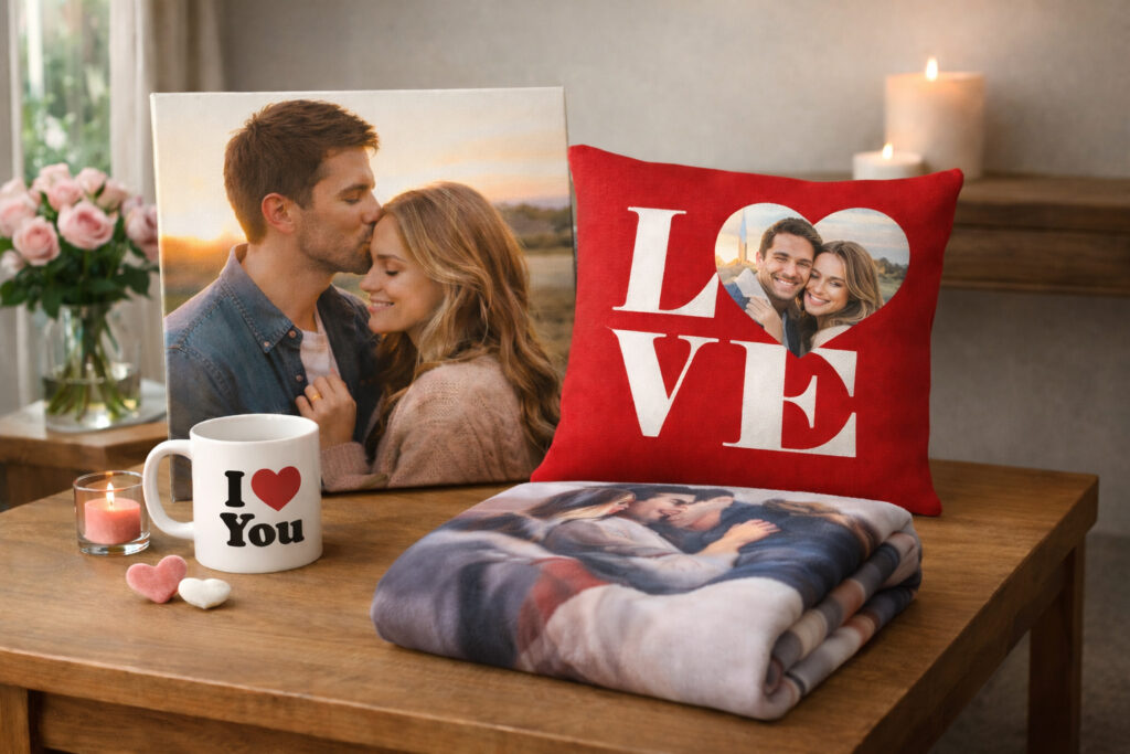 Regali di San Valentino più amati: tela, tazza, cuscino e coperta personalizzati con foto.