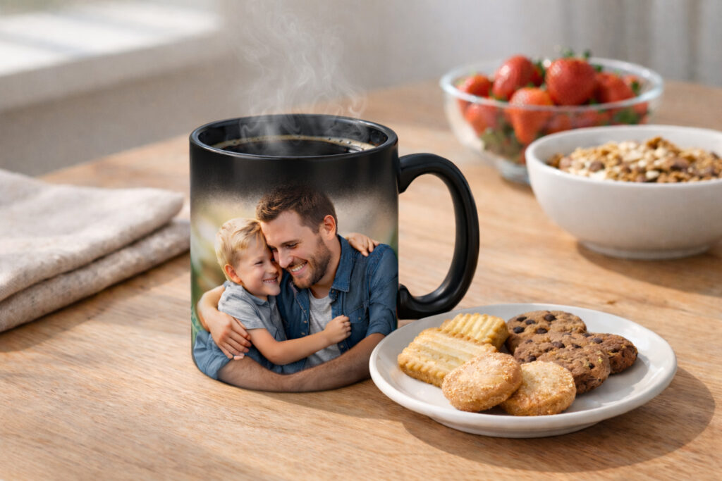 Tazza personalizzata per la Festa del Papà 2026 su tavolo colazione.