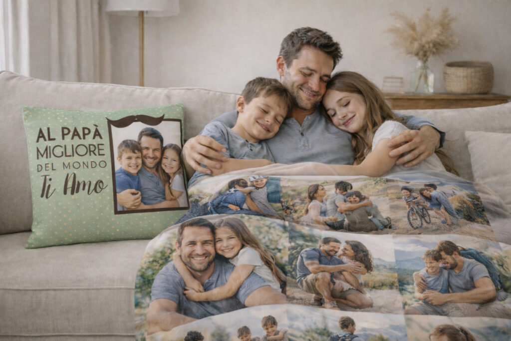 Coperta personalizzata in tessuto pile con foto di papà e figli sul divano, idea regalo Festa del Papà.