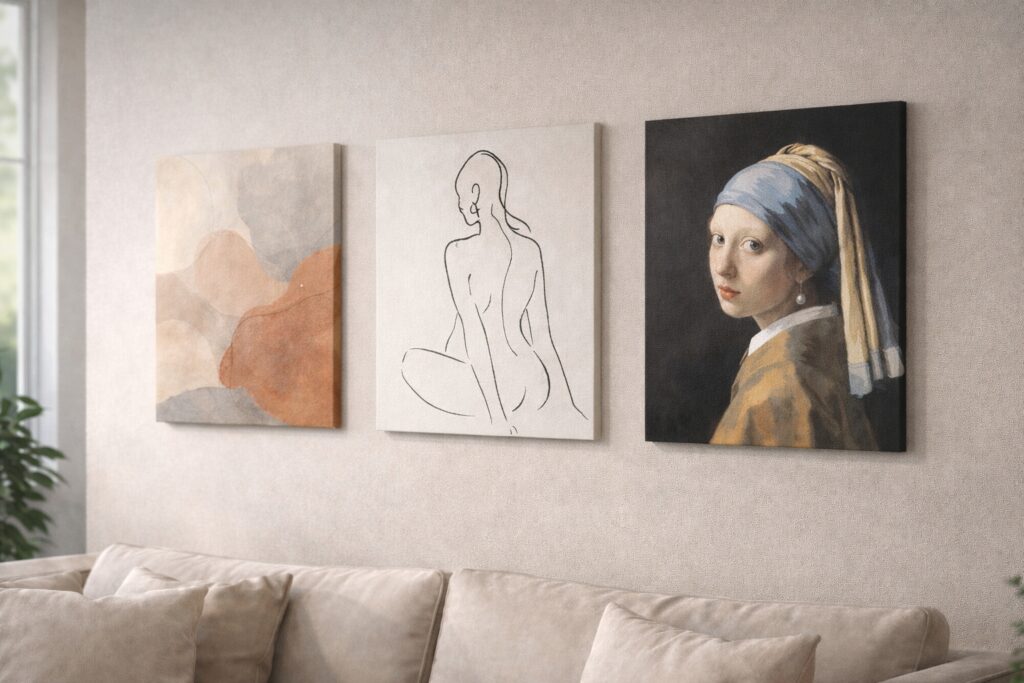 Parete arredata con opere d’arte su tela (astratto, line art e quadro famoso) in stile galleria.